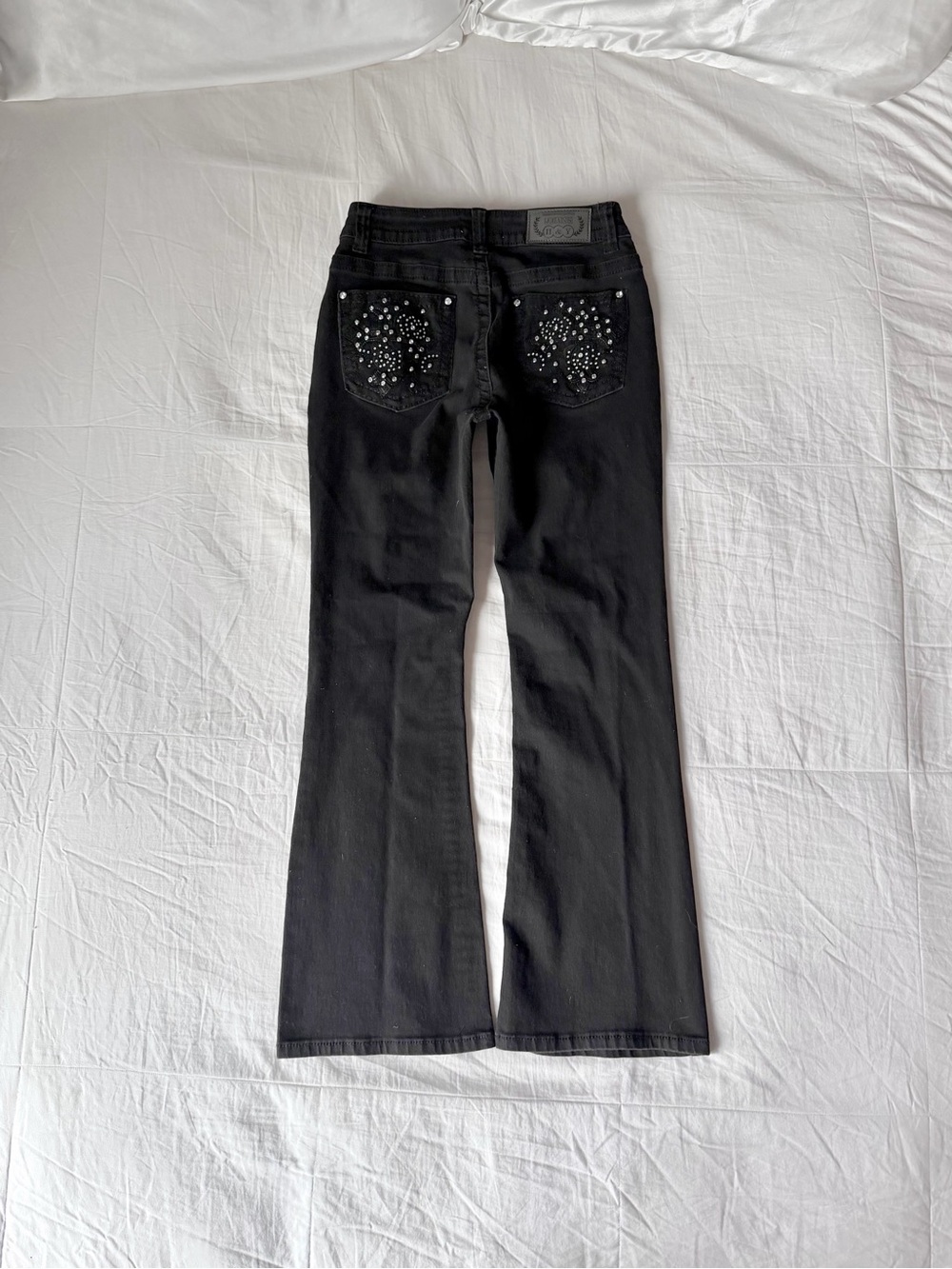 Y2K Western Grunge Rhinestone Back Pocket Bling Black Flare Jeans (Size 13-14)